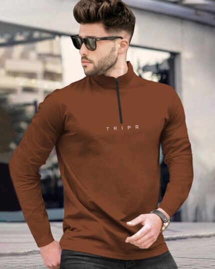Men BROWN ZIPPER NECK Full Sleeve T-Shirt